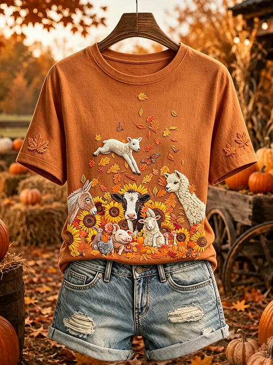 Women's Cute Happy Farm Animals Fall Art Print Short-sleeved T-shirt