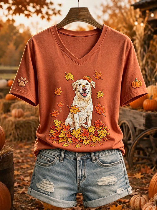 Women's Cute Fall Labrador Print V Neck Short-sleeved T-shirt