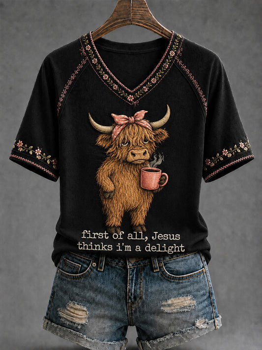 Women's First Of All Jesus Thinks I'm A Delight V-neck T-shirt
