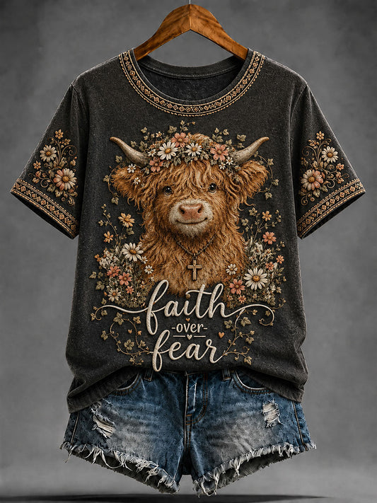 Women's Faith Over Fear Highland Cow Short-sleeved T-shirt