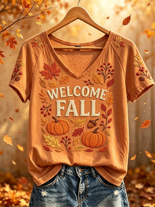 Women's autumn theme pattern printed casual short-sleeve T-shirt