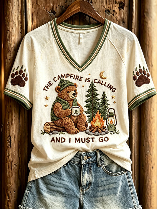 Women's The Campfire is Calling and I Must Go Camping Bear Print short-sleeved T-shirt