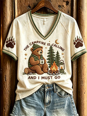 Women's The Campfire is Calling and I Must Go Camping Bear Print short-sleeved T-shirt