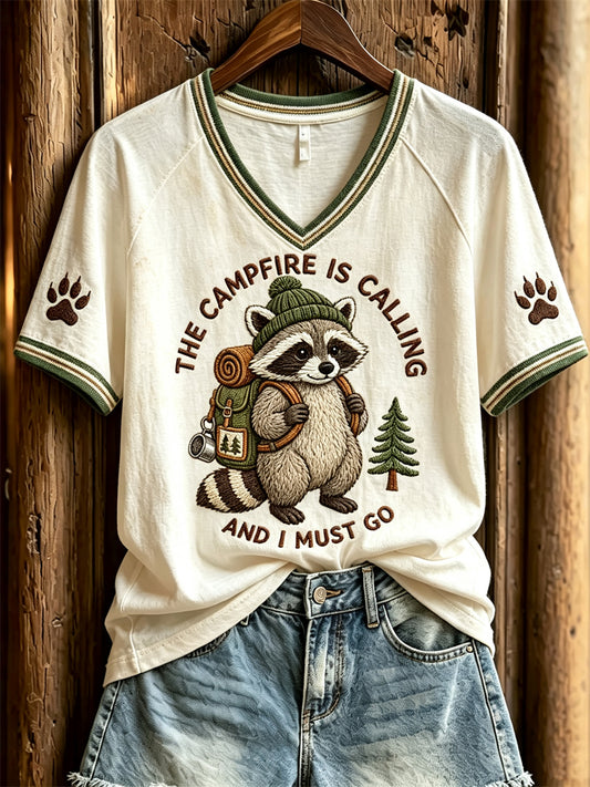 Women's The Campfire is Calling and I Must Go Camping Raccoon Print short-sleeved T-shirt