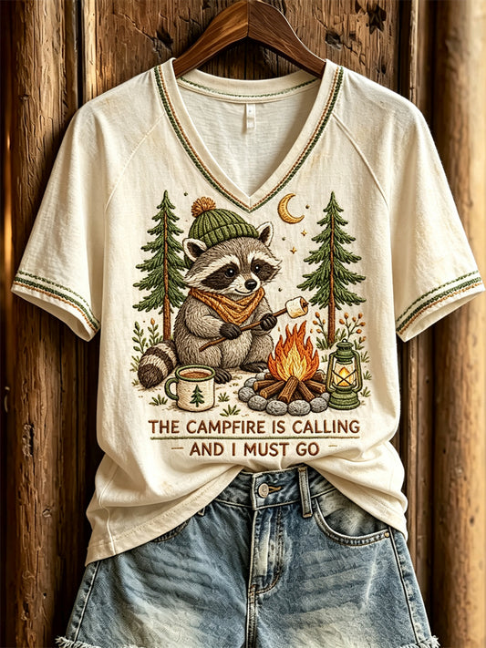 Women's The Campfire is Calling and I Must Go Camping Raccoon Print short-sleeved T-shirt