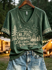 Women's Life is Better By the Campfire RV Camping Forest Print short-sleeved T-shirt