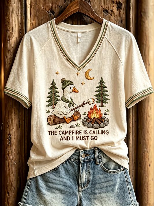 Women's The Campfire is Calling and I Must Go Camping Goose Print short-sleeved T-shirt