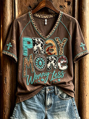 Women's Pray More Worry Less Turquoise Christian Western Print short-sleeved T-shirt