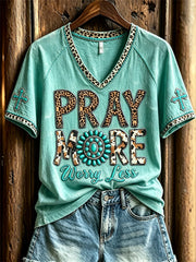 Women's Pray More Worry Less Western Turquoise & Cross Print short sleeve T-shirt