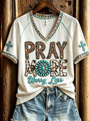 Women's Pray More Worry Less Western Turquoise & Cross Print short sleeve T-shirt