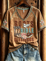 Women's Boots Bible Blessings Floral Cross Leopard Western Print short sleeve T-shirt