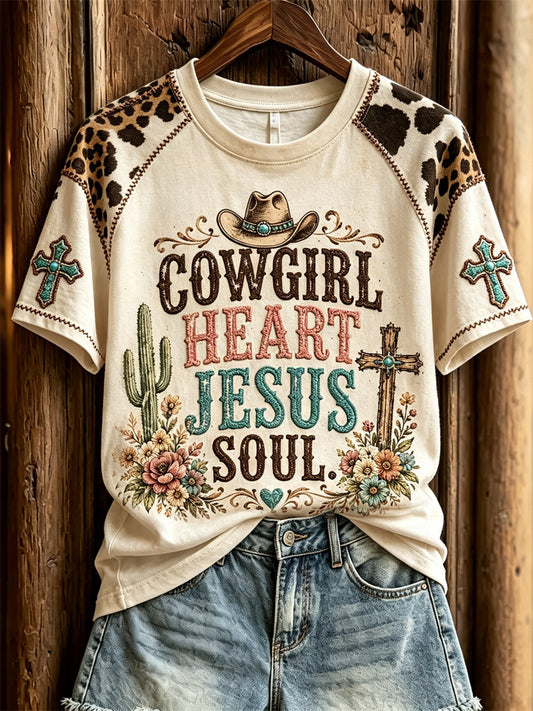 Women's Cowgirl Heart Jesus Soul Western Cross Print short sleeve T-shirt