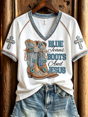 Women's Blue Jeans Boots and Jesus Glitter Cross Denim Print short-sleeved T-shirt