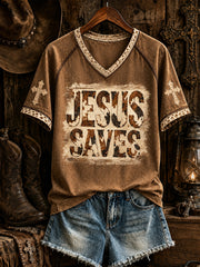 Women's Retro Western Christian JESUS SAVES Cross Short Sleeve T-shirt
