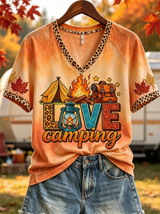 Women's Love Camping Camping Elements & Fall Maple Leaves Print short-sleeved T-shirt