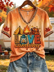 Women's Love Camping Camping Elements & Fall Maple Leaves Print short-sleeved T-shirt
