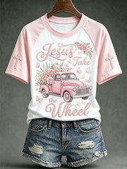 Women's faith-themed fun slogan pattern printed casual short-sleeve T-shirt