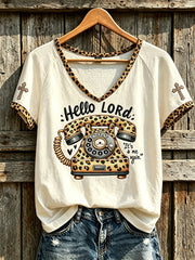Women's Faith Slogan Leopard Print Pattern Printed Casual V Neck T-shirt