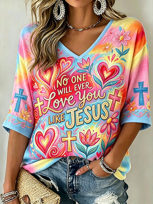Women's faith-themed fun slogan pattern printed casual mid-length sleeves V-neck T-shirt