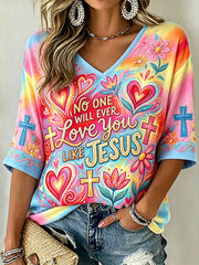 Women's faith-themed fun slogan pattern printed casual mid-length sleeves V-neck T-shirt