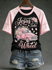 Women's faith-themed fun slogan pattern printed casual short-sleeve T-shirt