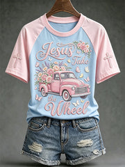 Women's faith-themed fun slogan pattern printed casual short-sleeve T-shirt