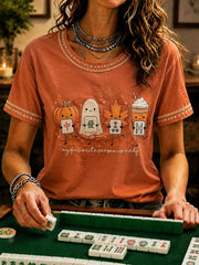 Women's Halloween Mahjong Night Printed Casual T-Shirt