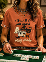 Women's Halloween Mahjong Night Printed Casual T-Shirt