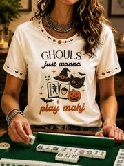 Women's Halloween Mahjong Night Printed Casual T-Shirt