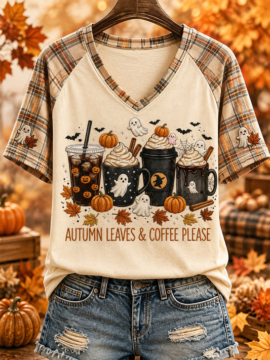 Women's Autumn Leaves & Coffee Please Print Casual V-Neck Tee