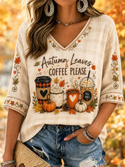 Women's Autumn Leaves & Coffee Please Print Casual V-Neck Tee