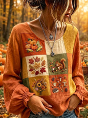 Women's Vintage Fall Patchwork Print Cotton-Linen Shirt