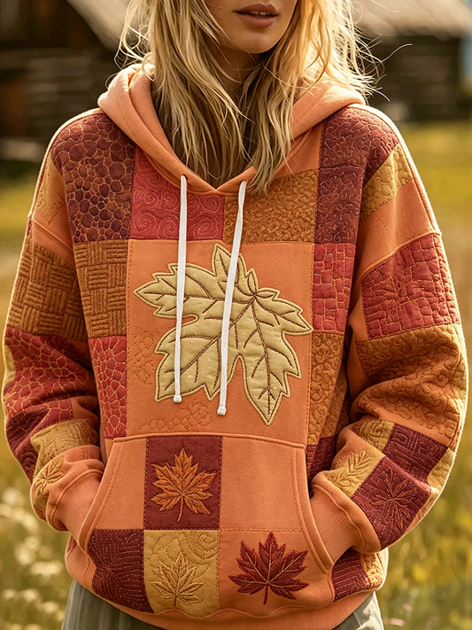 Women's Fall Maple Leaf Patchwork Print Cozy Hoodie