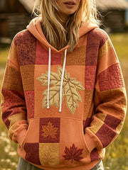 Women's Fall Maple Leaf Patchwork Print Cozy Hoodie