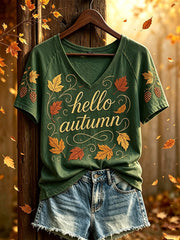 Women's autumn theme pattern printed casual short-sleeve T-shirt