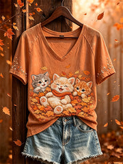 Women's cat and fallen leaves pattern printed casual short-sleeve T-shirt