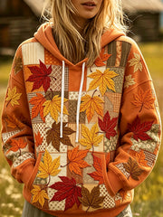 Women's Fall Maple Leaf Patchwork Print Cozy Hoodie