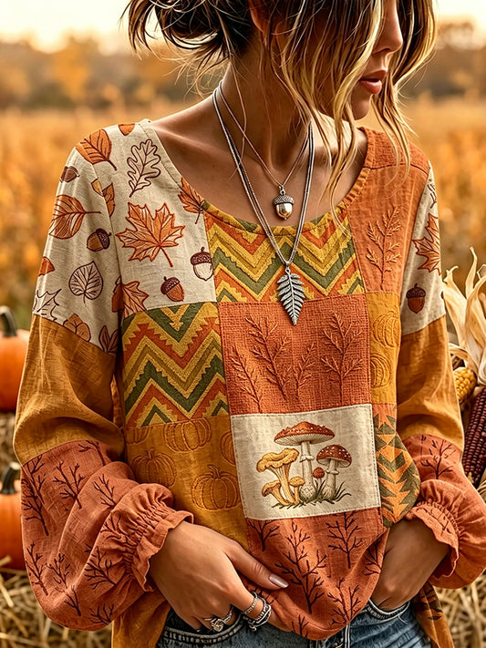 Women's Cottagecore Fall Patchwork Print Cotton-Linen Shirt