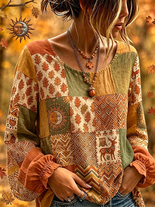 Women's Cottagecore Fall Patchwork Print Cotton-Linen Shirt