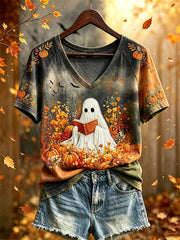 Women's autumn theme pattern printed casual short-sleeve T-shirt