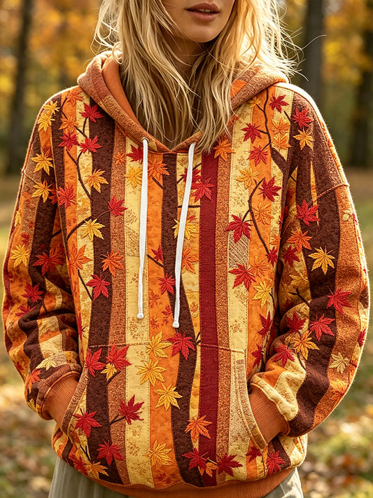 Women's Fall Maple Leaf Patchwork Print Cozy Hoodie
