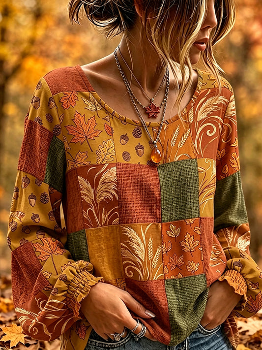 Women's Cottagecore Fall Patchwork Print Cotton-Linen Shirt
