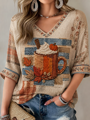 Women's Fall Printed Mid-length Sleeves V-Neck T-Shirt