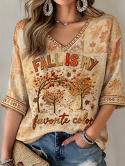 Women's Fall Is My Favorite Color Mid-length Sleeves V-Neck T-Shirt