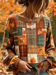 Women's Fall Pumpkin Fallen Leaves Floral Colorblock Patchwork Print Cotton-Linen Shirt