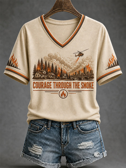 Women's Pray For Spokane Complex Fire Print Casual V-Neck Tee
