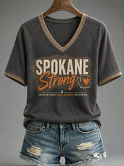 Women's Pray For Spokane Complex Fire Print Casual V-Neck Tee