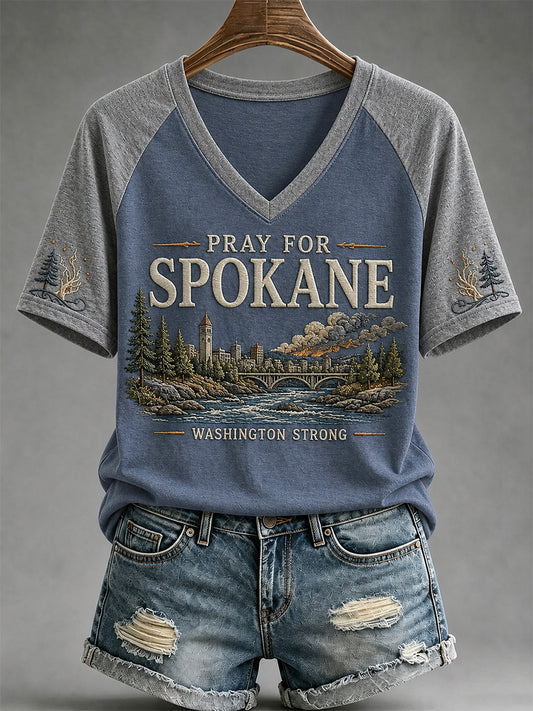Women's Pray For Spokane Complex Fire Print Casual V-Neck Tee