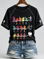 Women's Faith Hope Love Sign Language Print Round Neck Short Sleeve T-shirt