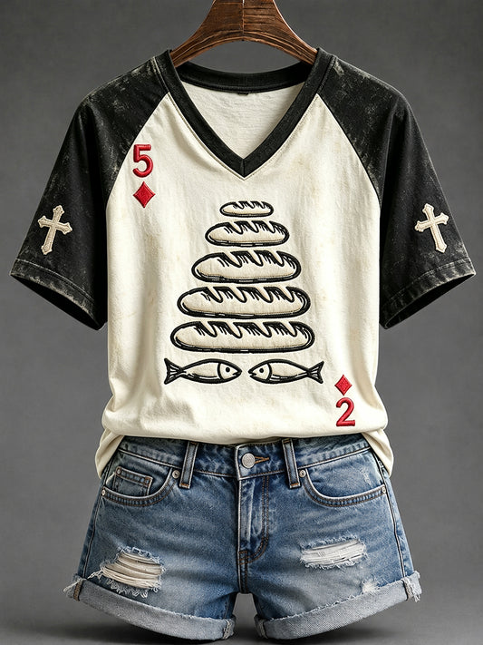 Women's Five Loaves and Two Fish Faith Print V-neck Short-sleeved T-shirt
